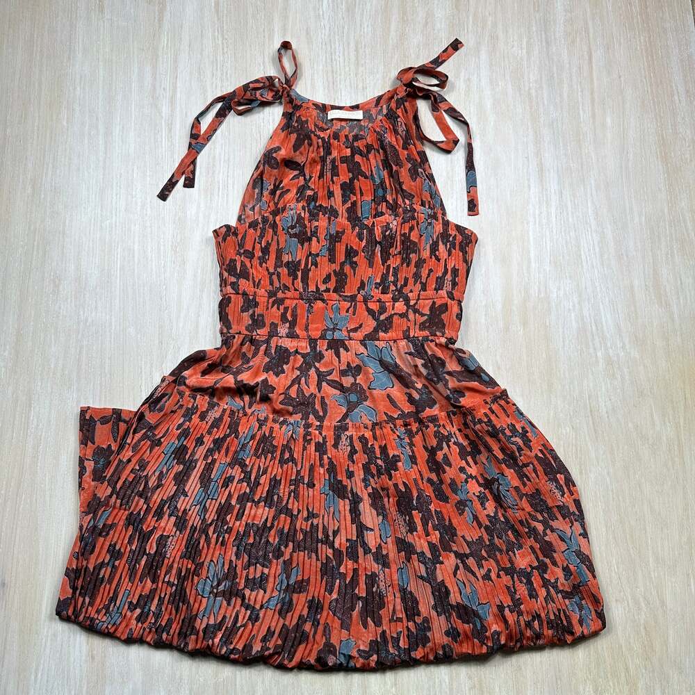 Ulla Johnson Orange Blue Floral Pleated 100% Silk Tie Shoulder Boho Midi Dress 6
